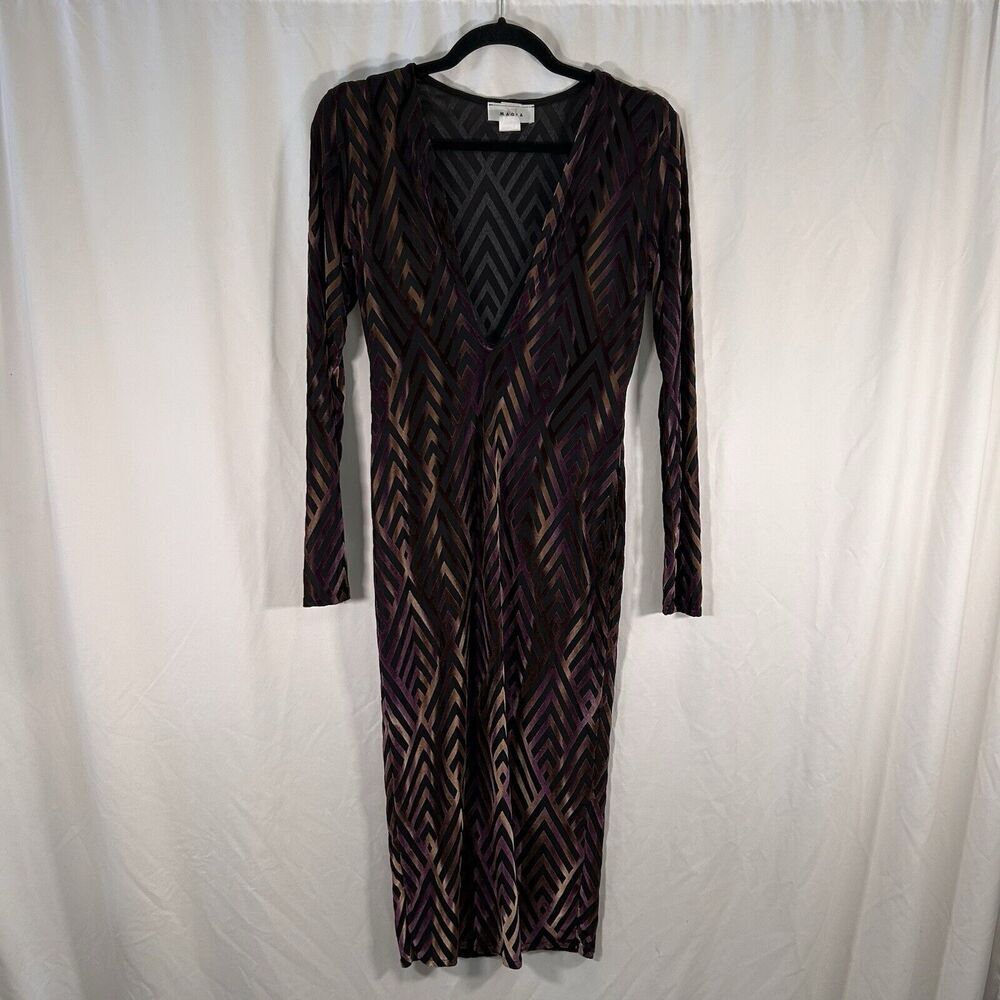 Vintage Magia USA Midi Dress Women's Large Purple Semi Sheer Vneck Long Sleeve